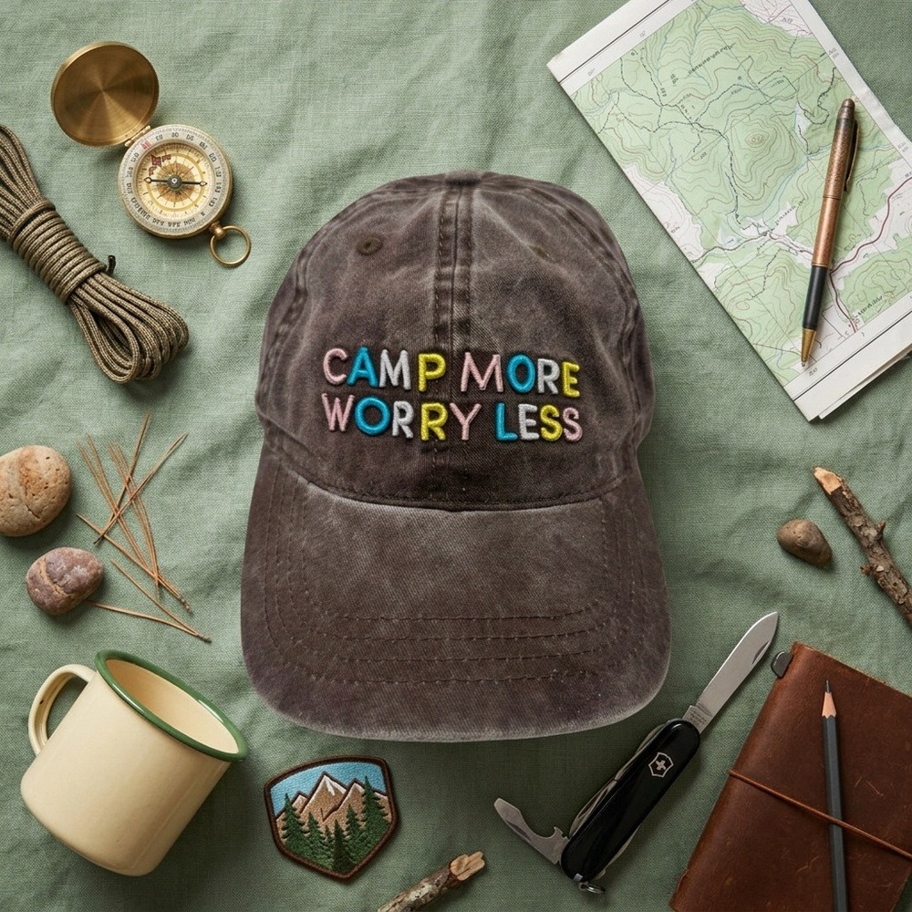 Time and Tru Hat Brown Camp More Worry Less Embroidered Strapback Cap